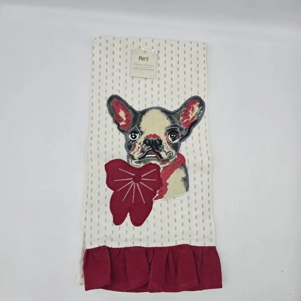 Pier 1 Imports Embroidered French Bulldog Kitchen Decorative Tea Towel Ruffle